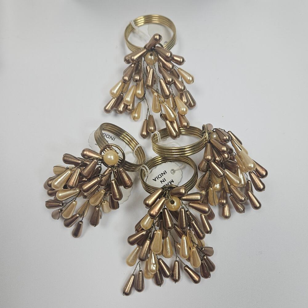 NOS Vintage New in Box Lot of 4 Pearl and Gold Drop Napkin Rings Gold Jeweled